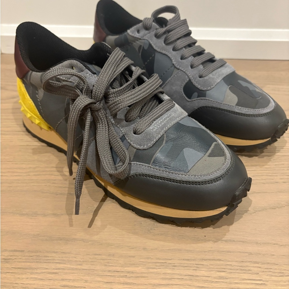 Valentino Gray Camouflage Sneakers with Yellow Detail